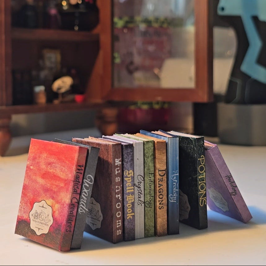 A small stack of miniature books or boxes standing upright on a tabletop, with a blurred indoor room and shelves in the background.