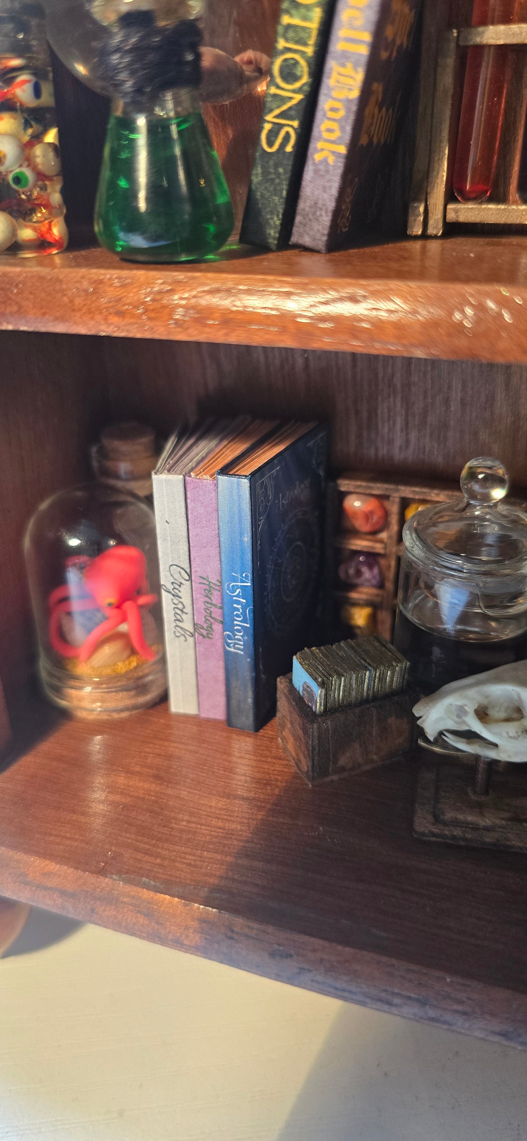 A close-up of a wooden shelf or cabinet containing small decorative objects, including a stack of books with visible titles, a green glass bottle, a small jar with red contents, and other antique-style items.