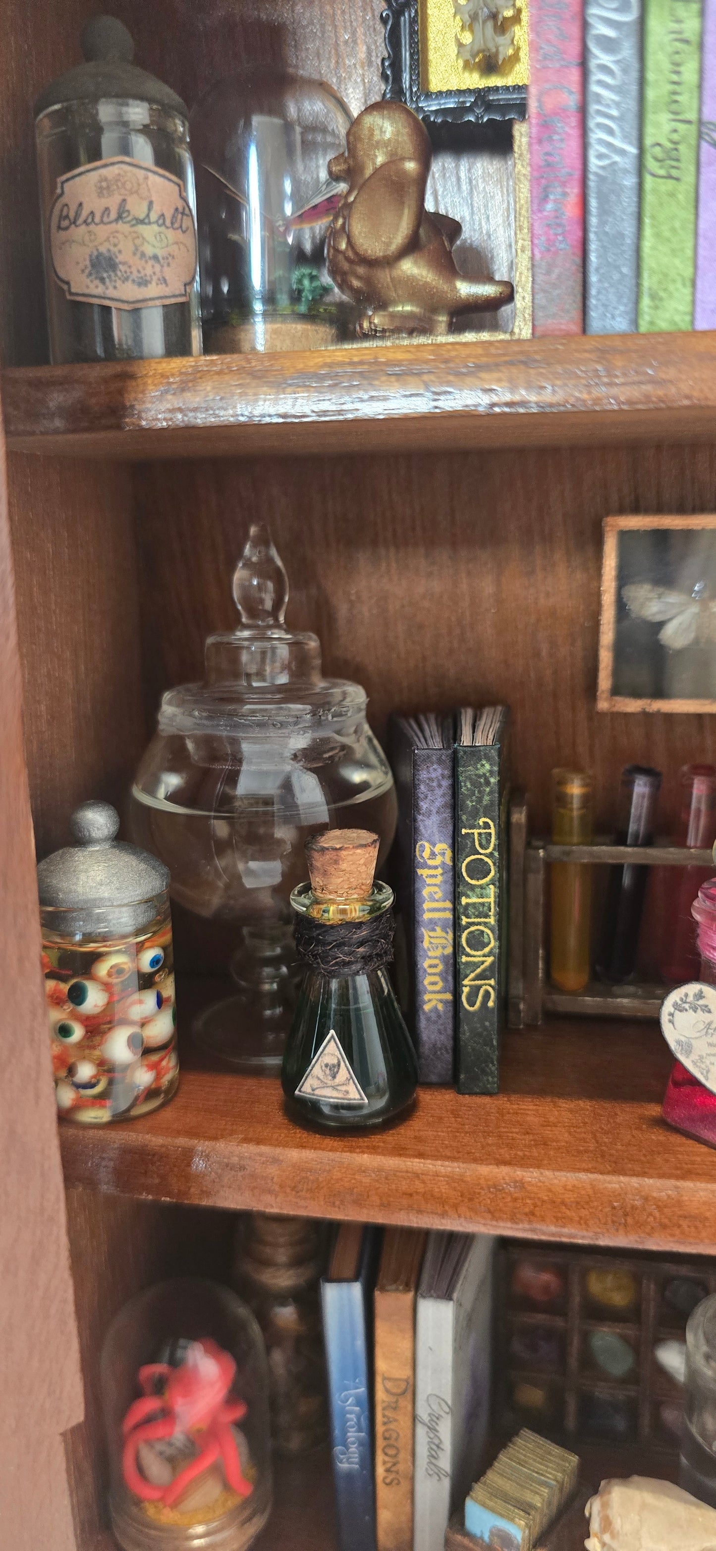 A wooden shelf filled with small glass bottles, spell books, and decorative objects, including a clear glass bottle with a stopper and a book titled 'Potions Spell Book'.